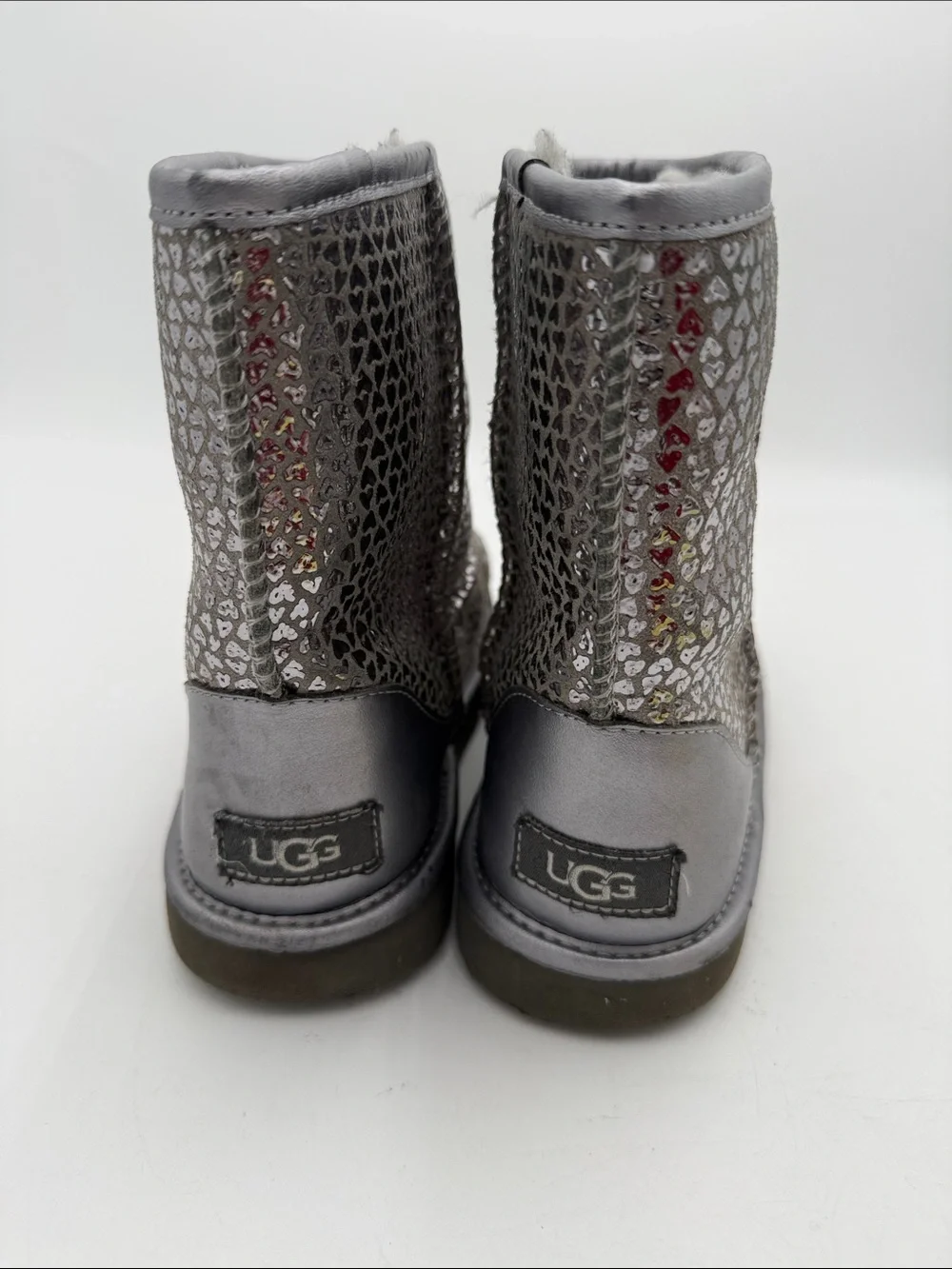 Ugg Sparkle Metallic Heart Winter Boots - Silver Gray kids 3 comfy casual school
